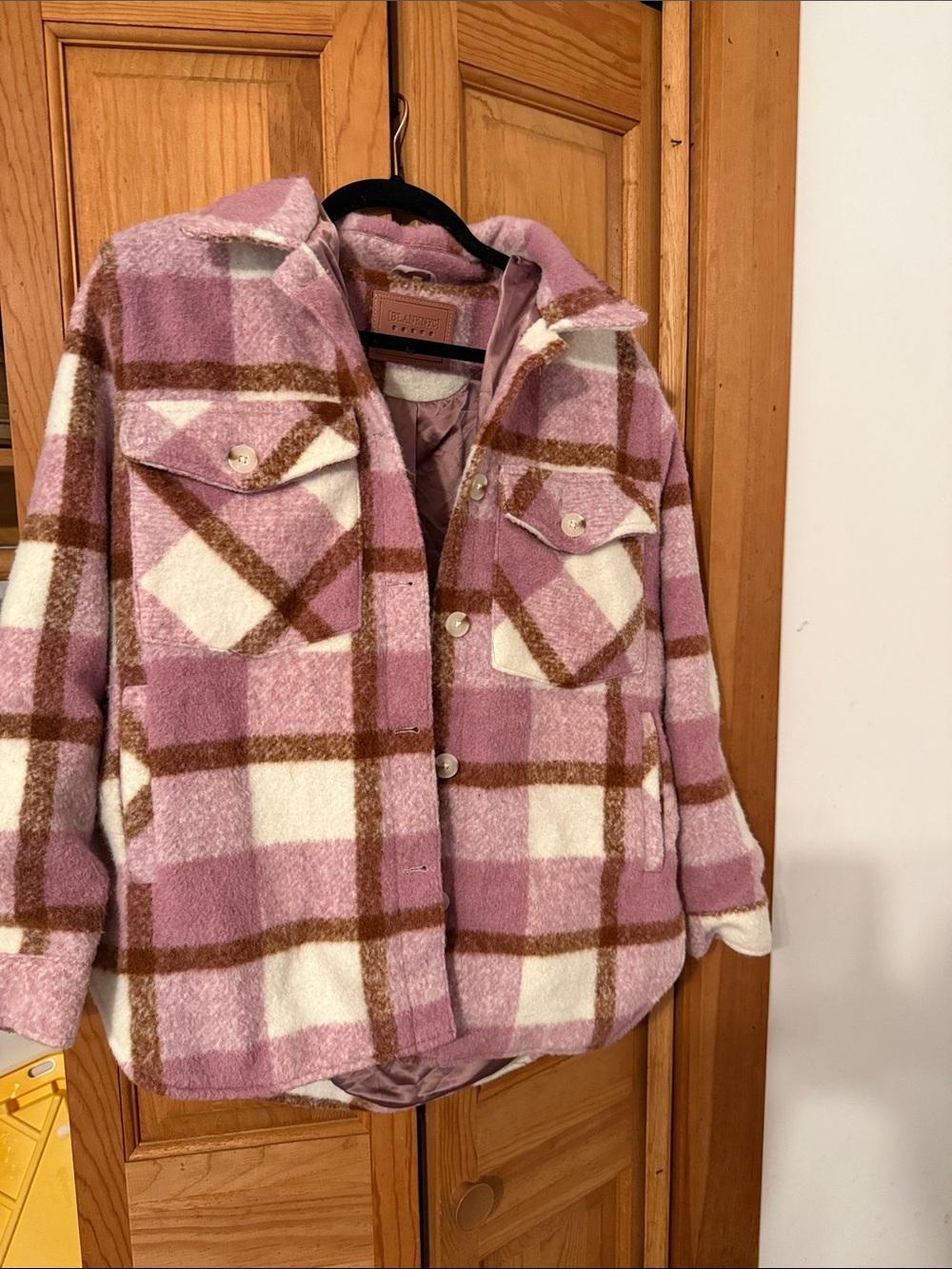 Blank NYC Plaid Shacket Jacket in Lilac, Cream and Brown
